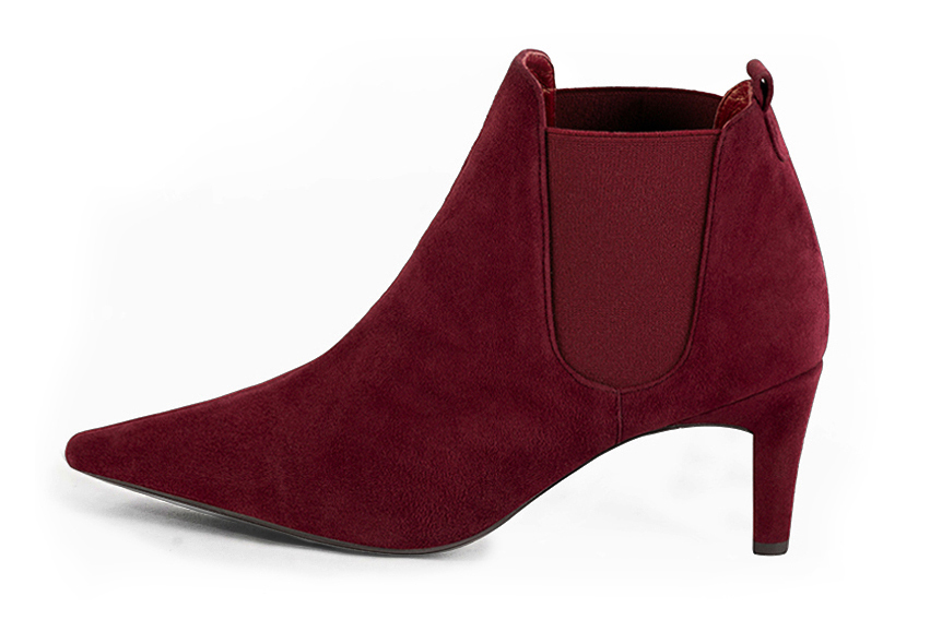 Burgundy red women's ankle boots, with elastics. Pointed toe. Medium comma heels. Profile view - Florence KOOIJMAN